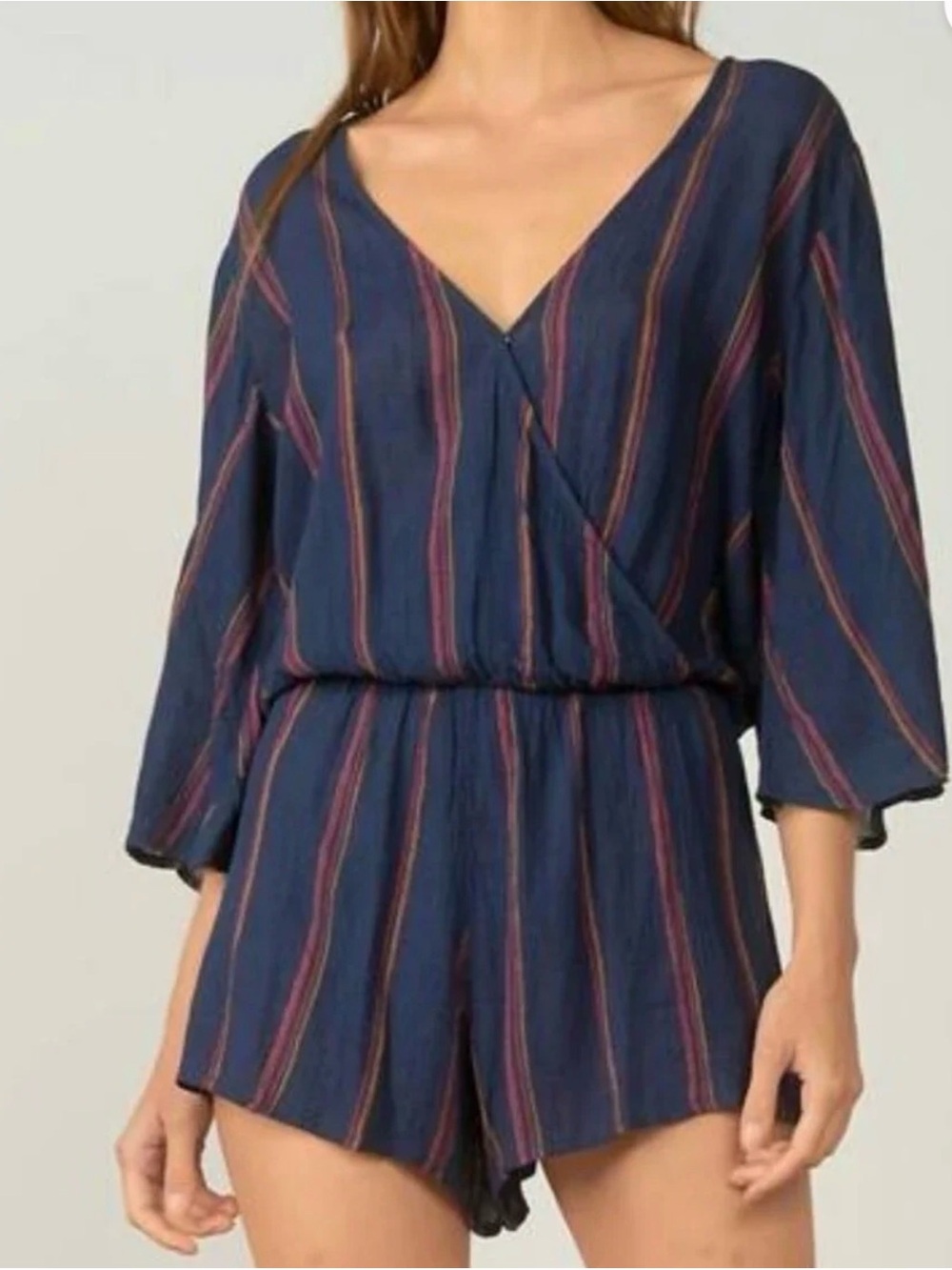 Elan Navy Multistripe V-Neck Romper